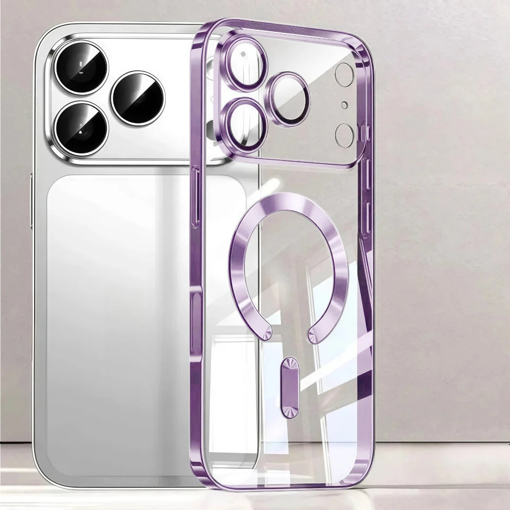 Funda de teléfono con revestimiento magnético Magsafe de lujo para iPhone 17 Air Pro Max 17Pro, funda de parachoques para iPhone17 Pro Max, fundas trasera transparente
