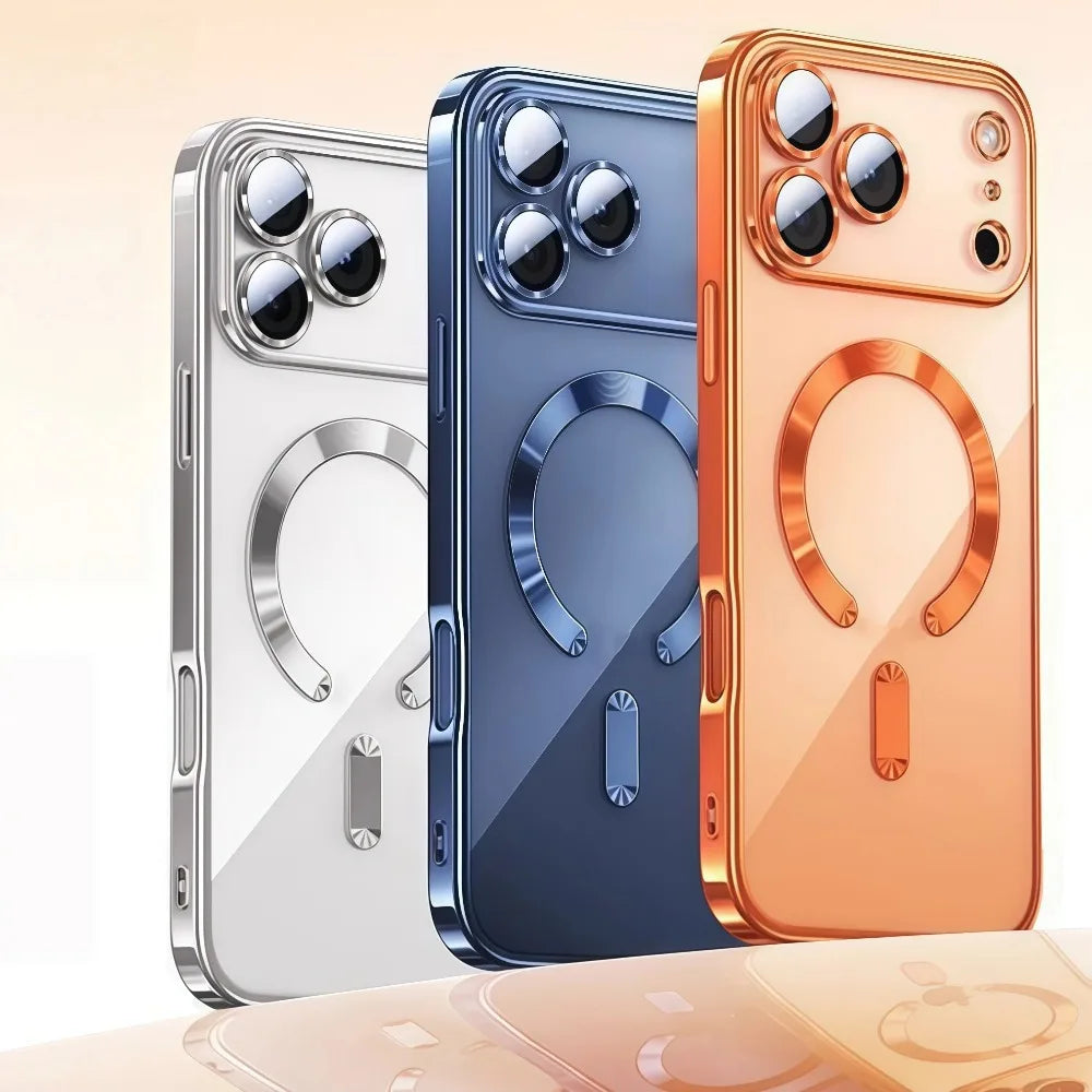 Funda de teléfono con revestimiento magnético Magsafe de lujo para iPhone 17 Air Pro Max 17Pro, funda de parachoques para iPhone17 Pro Max, fundas trasera transparente