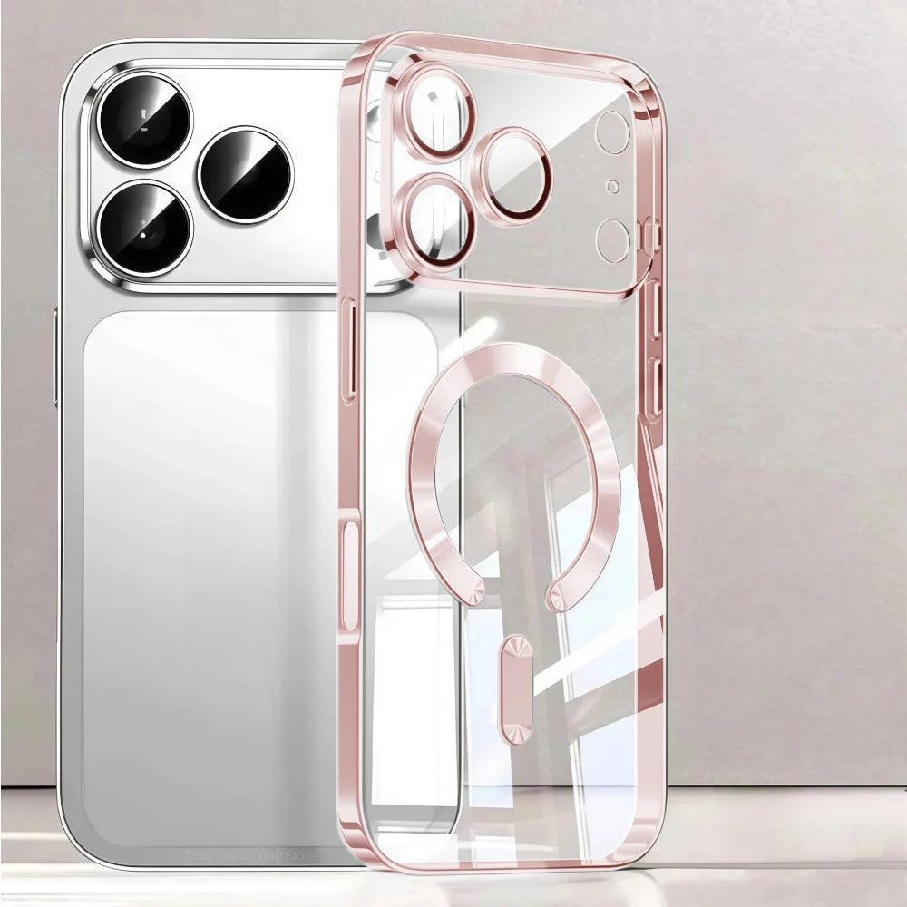 Funda de teléfono con revestimiento magnético Magsafe de lujo para iPhone 17 Air Pro Max 17Pro, funda de parachoques para iPhone17 Pro Max, fundas trasera transparente
