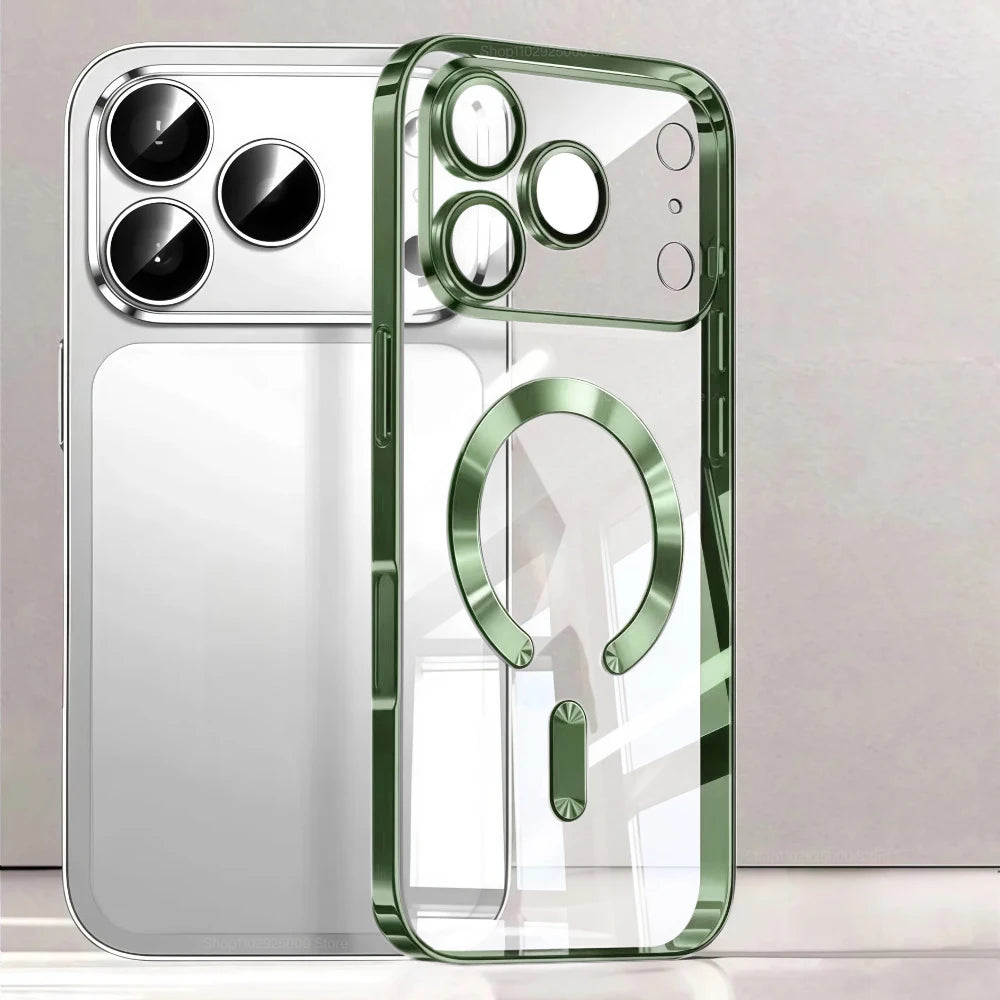Funda de teléfono con revestimiento magnético Magsafe de lujo para iPhone 17 Air Pro Max 17Pro, funda de parachoques para iPhone17 Pro Max, fundas trasera transparente