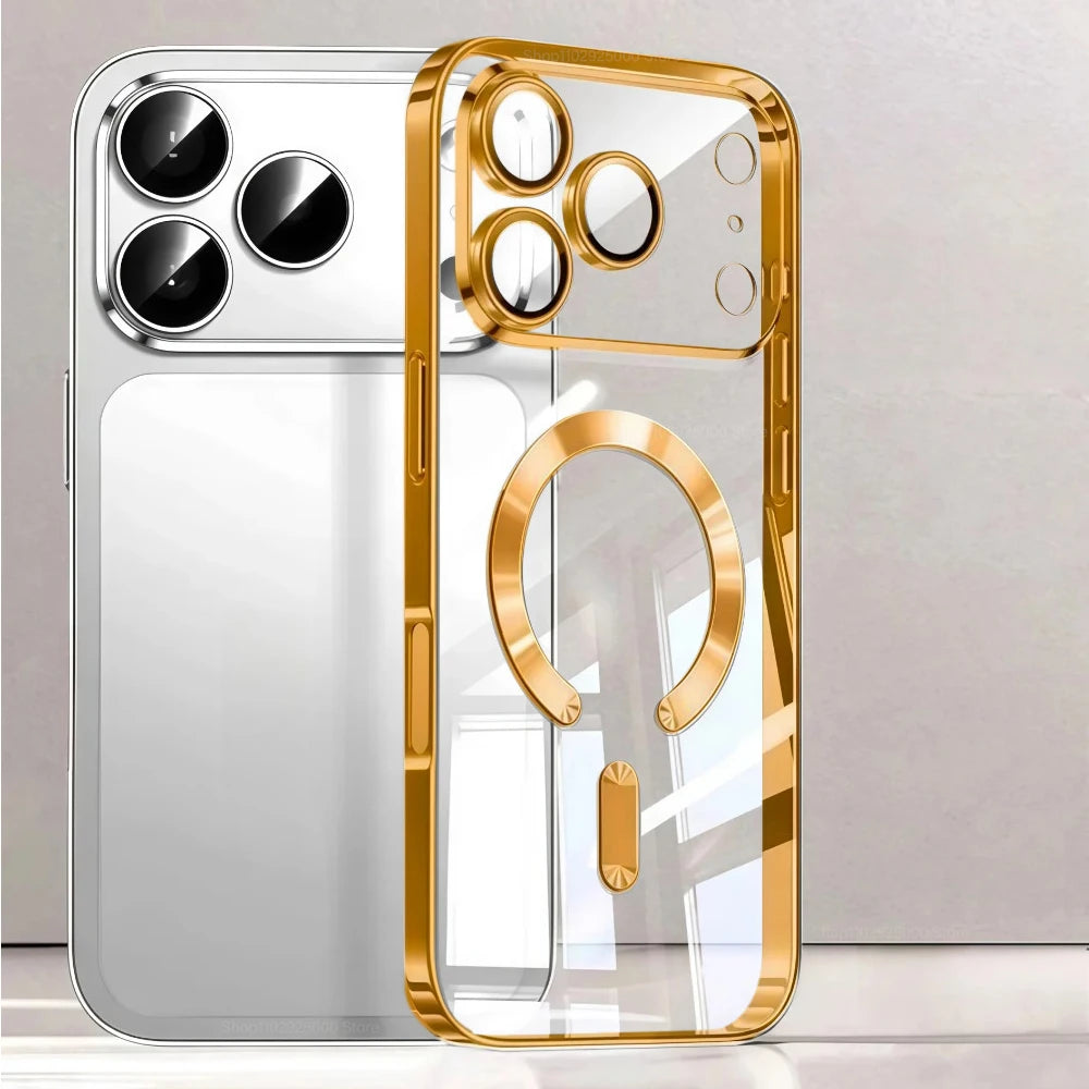 Funda de teléfono con revestimiento magnético Magsafe de lujo para iPhone 17 Air Pro Max 17Pro, funda de parachoques para iPhone17 Pro Max, fundas trasera transparente