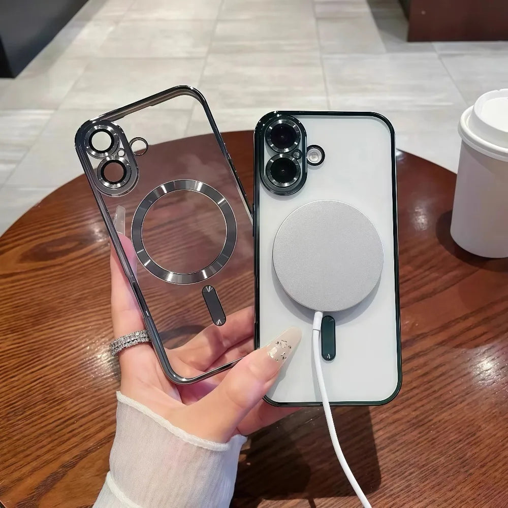 Funda de teléfono con revestimiento magnético Magsafe de lujo para iPhone 17 Air Pro Max 17Pro, funda de parachoques para iPhone17 Pro Max, fundas trasera transparente