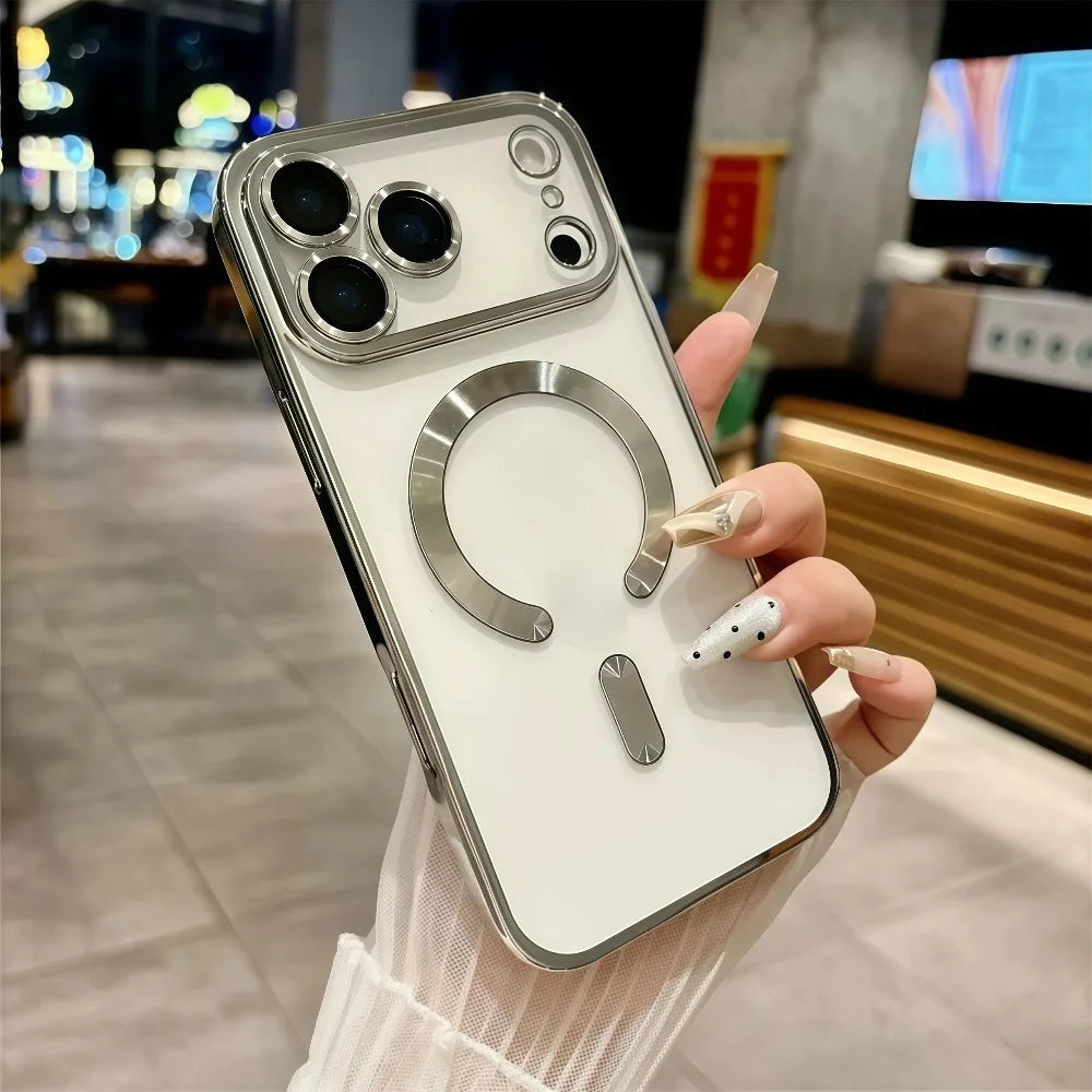 Funda de teléfono con revestimiento magnético Magsafe de lujo para iPhone 17 Air Pro Max 17Pro, funda de parachoques para iPhone17 Pro Max, fundas trasera transparente