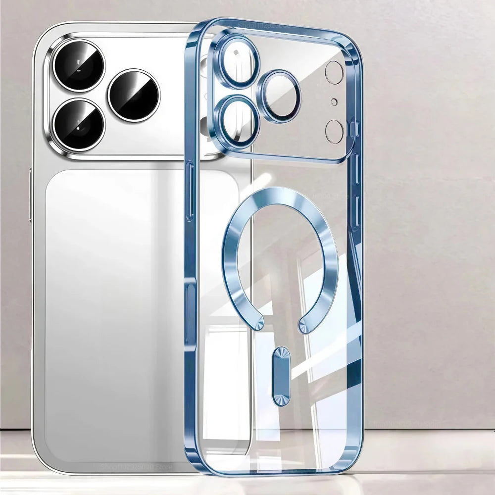Funda de teléfono con revestimiento magnético Magsafe de lujo para iPhone 17 Air Pro Max 17Pro, funda de parachoques para iPhone17 Pro Max, fundas trasera transparente