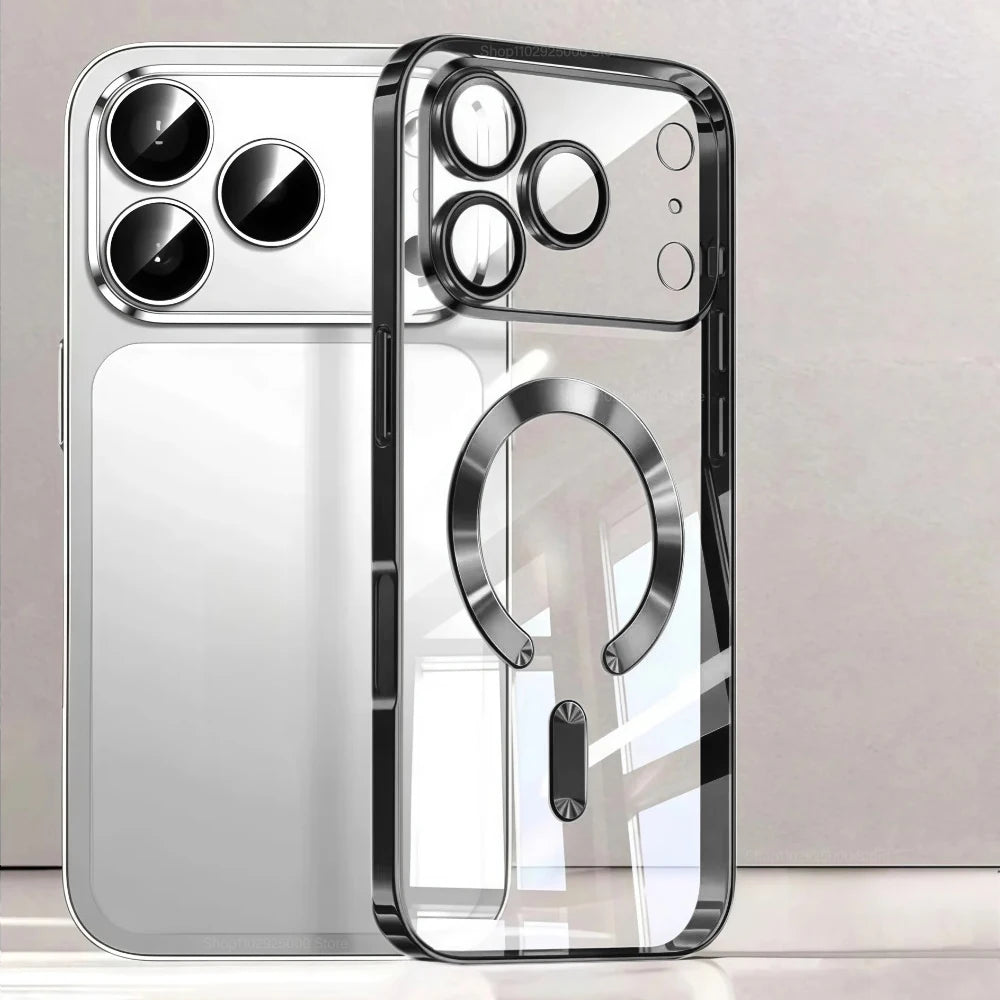 Funda de teléfono con revestimiento magnético Magsafe de lujo para iPhone 17 Air Pro Max 17Pro, funda de parachoques para iPhone17 Pro Max, fundas trasera transparente