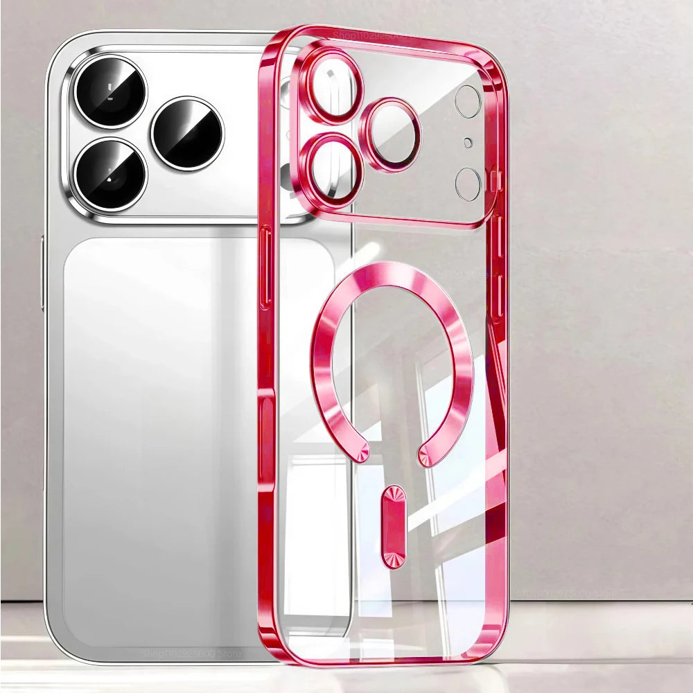 Funda de teléfono con revestimiento magnético Magsafe de lujo para iPhone 17 Air Pro Max 17Pro, funda de parachoques para iPhone17 Pro Max, fundas trasera transparente