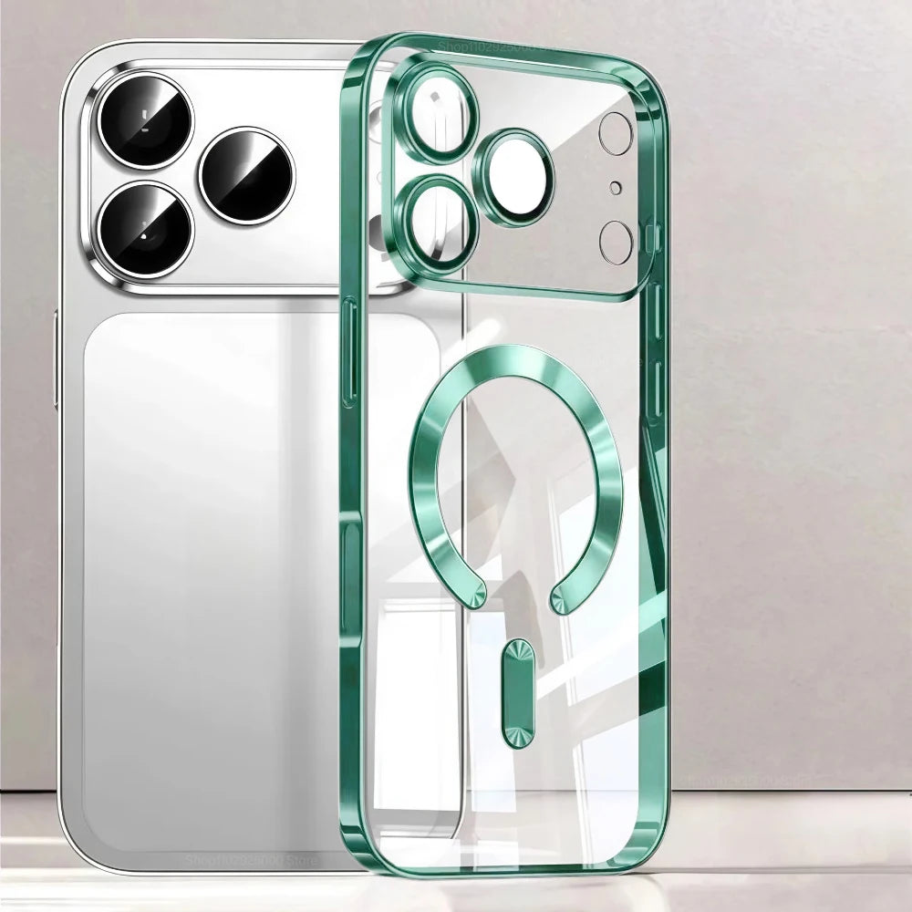Funda de teléfono con revestimiento magnético Magsafe de lujo para iPhone 17 Air Pro Max 17Pro, funda de parachoques para iPhone17 Pro Max, fundas trasera transparente
