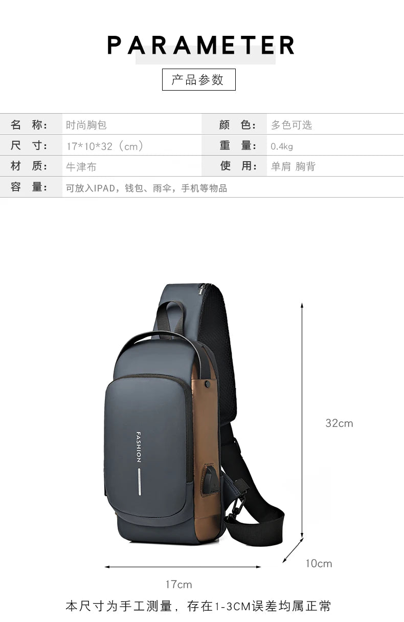 Bolso de pecho a la moda para hombre, riñonera cruzada Oxford de alta calidad, diseño antirrobo, bolso de hombro